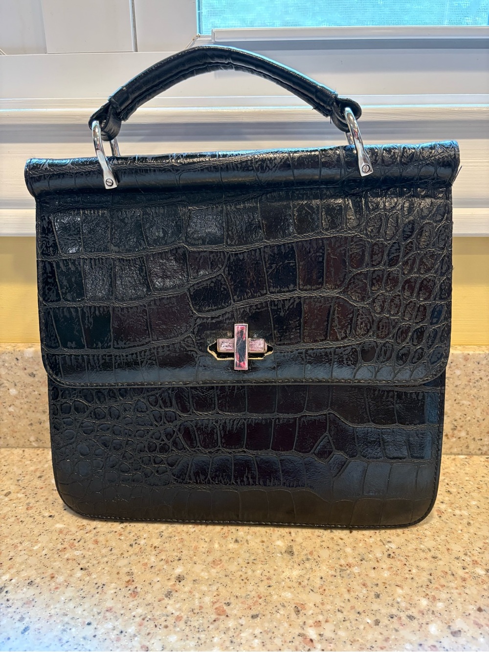 Vintage Bueno Black Faux Alligator Top-Handle Handbag